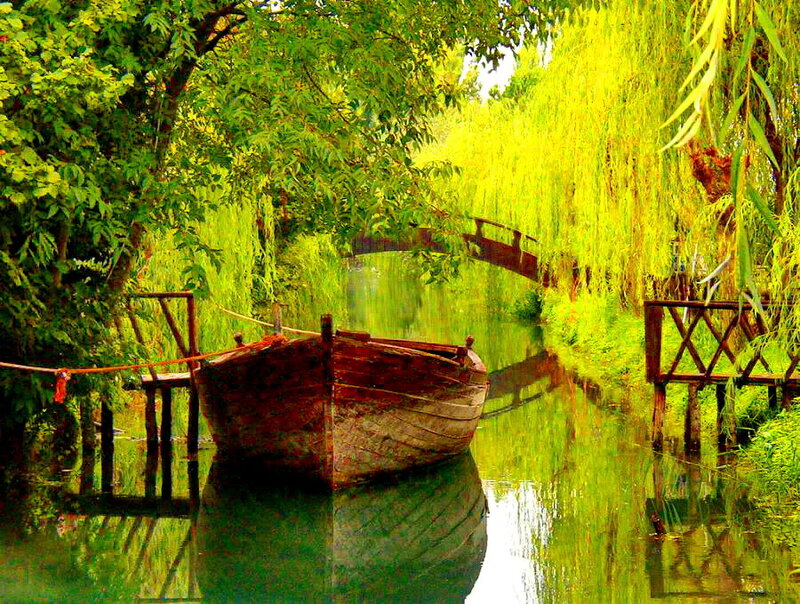 Wooden Boat on Canal — Green