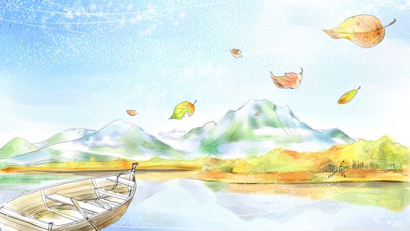 Wooden Boat on Lake — Blue, Serene, Autumn, Illustration