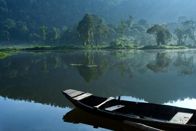 Wooden Boat on Lake — Blue, Serene, Morning, Photograph, Trees