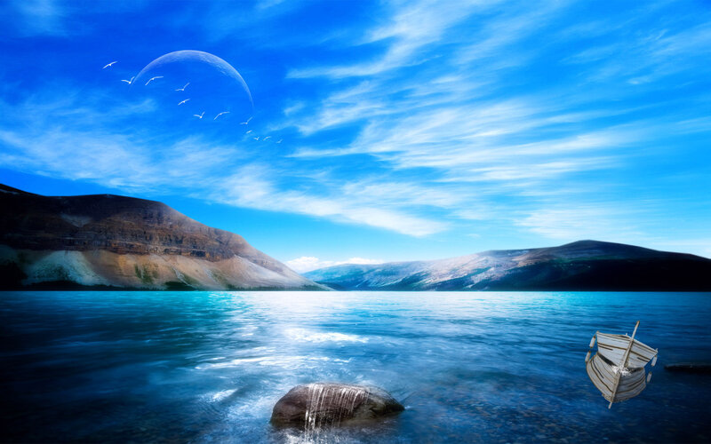 Wooden Boat on Lake — Blue, Serene, Night, Digital Art