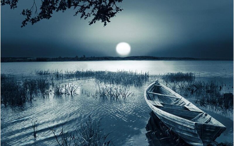 Wooden Boat on Lake — Blue, Serene, Night, Photograph, Moon, Reeds