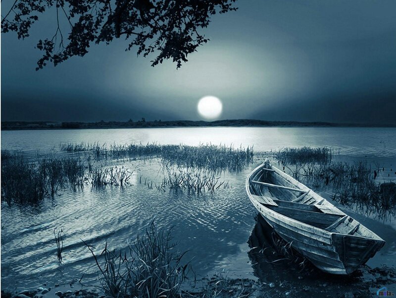 Wooden Boat on Lake — Blue, Serene, Night, Photograph