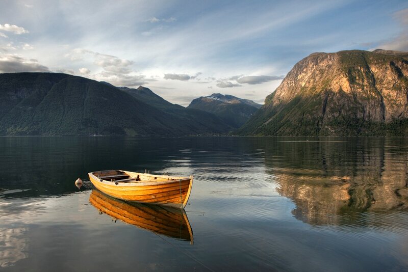 Wooden Boat on Lake — Blue, Serene, Sunset, Photograph