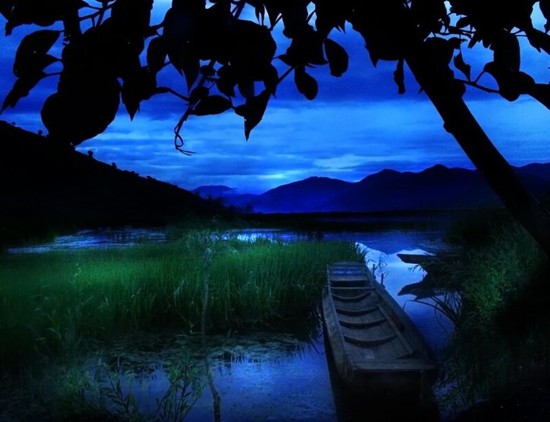 Wooden Boat on Lake — Blue, Serene