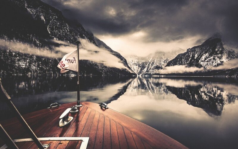 Wooden Boat on Lake — Brown, Dramatic, Photograph