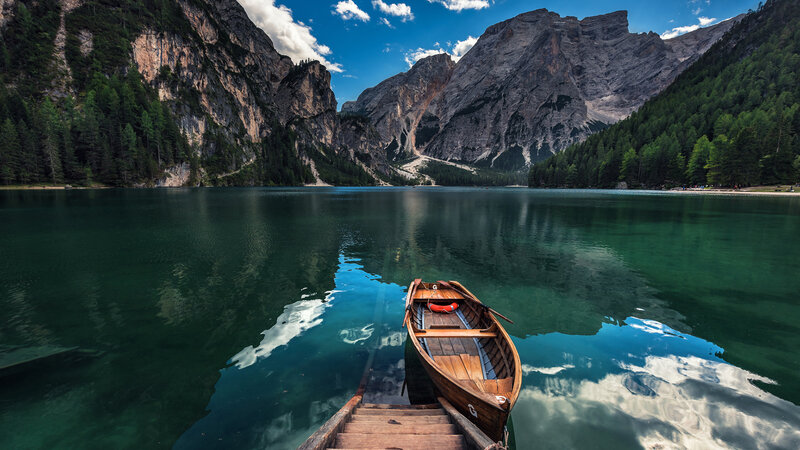Wooden Boat on Lake — Green, Serene, Afternoon, Photograph, Mountains, Trees