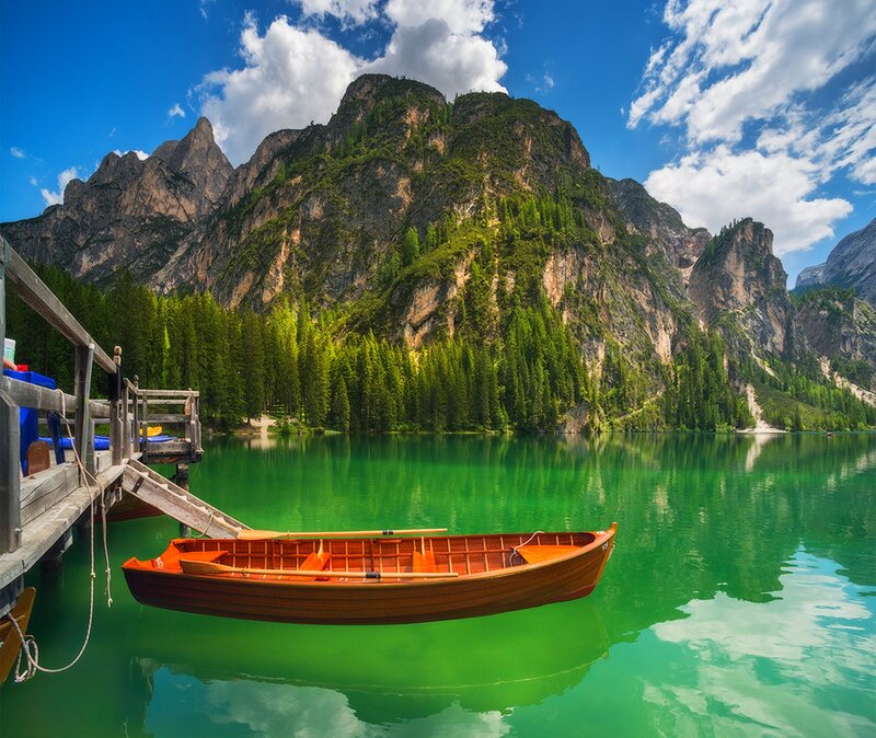 Wooden Boat on Lake — Green, Serene, Afternoon