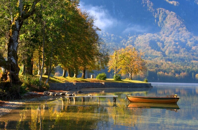 Wooden Boat on Lake — Green, Serene, Autumn, Photograph