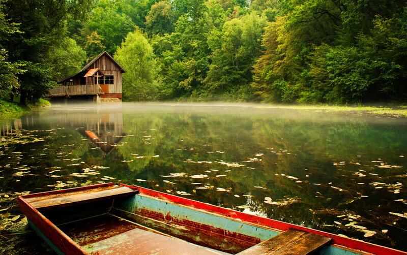 Wooden Boat on Lake — Green, Serene, Morning