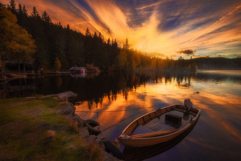 Wooden Boat on Lake — Orange, Serene, Sunset, Photograph