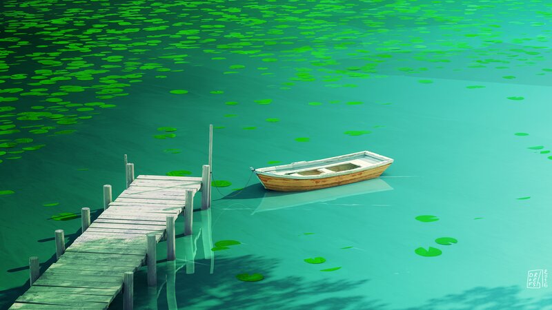 Wooden Boat on Pond — Green