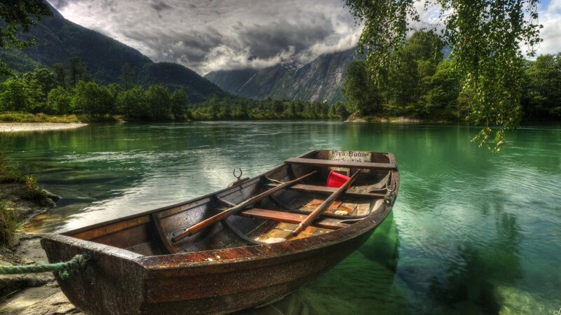 Wooden Boat on River — Green, Dramatic, Afternoon