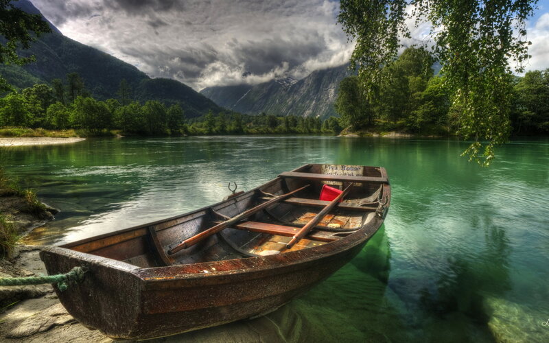 Wooden Boat on River — Green, Dramatic