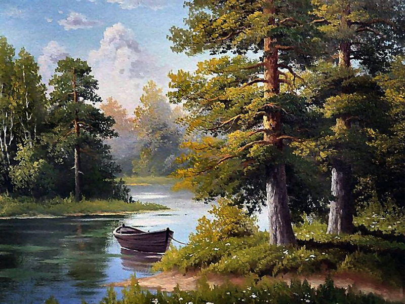 Wooden Boat on River — Green, Serene, Afternoon, Painting