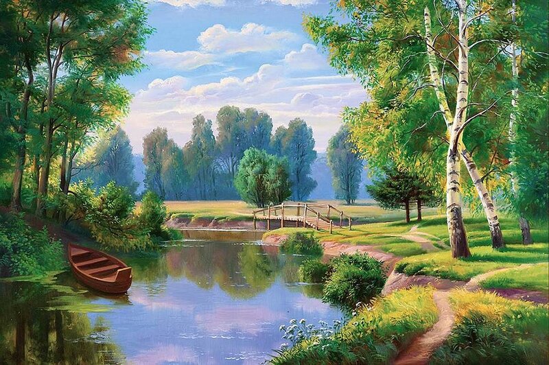 Wooden Boat on River — Green, Serene, Afternoon, Painting, Trees