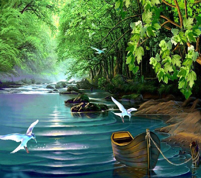 Wooden Boat on River — Green, Serene, Morning, Digital Art, Birds