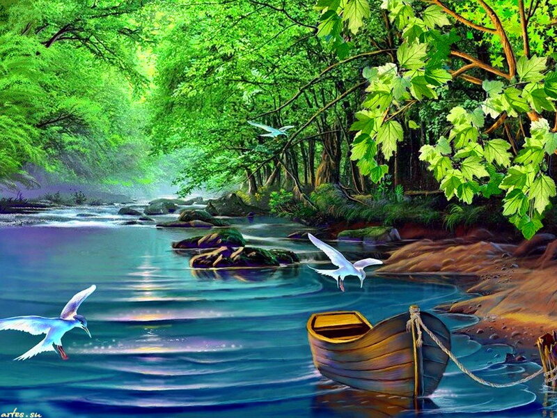 Wooden Boat on River — Green, Serene, Morning, Digital Art