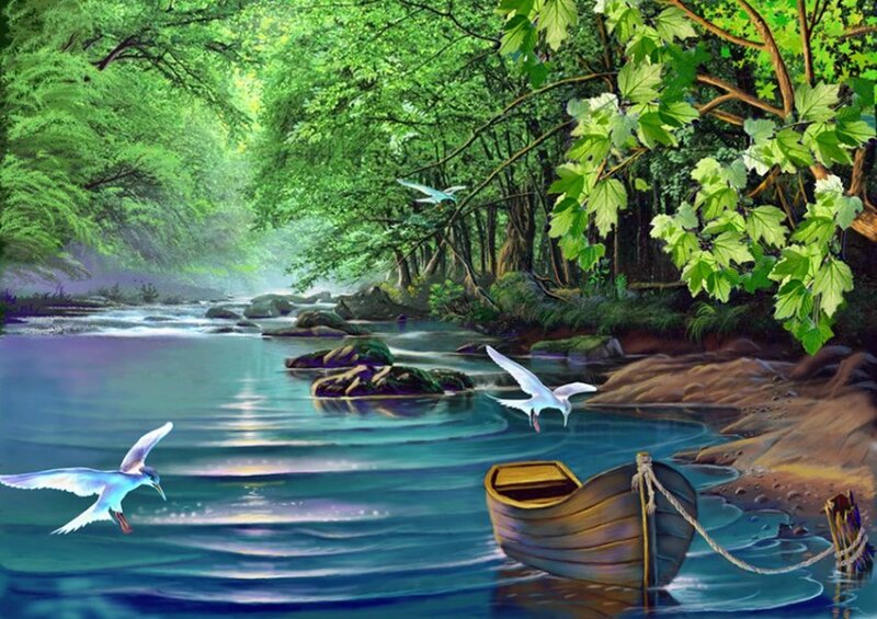 Wooden Boat on River — Green, Serene, Morning, Painting