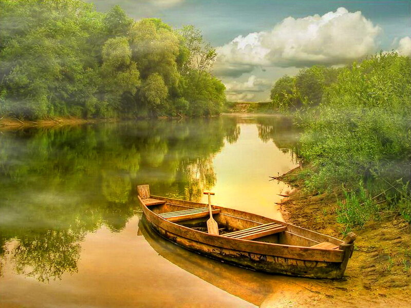 Wooden Boat on River — Green, Serene, Morning, Photograph