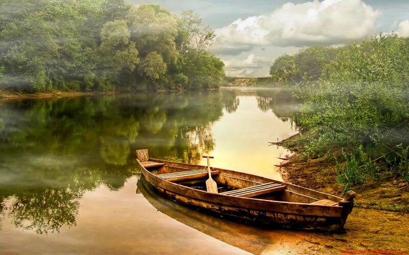 Wooden Boat on River — Green, Serene, Morning, Photograph, Trees, Mist