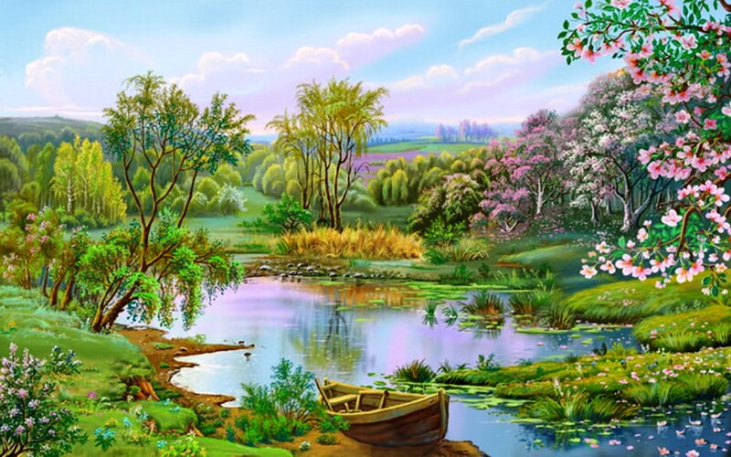 Wooden Boat on River — Green, Serene, Spring