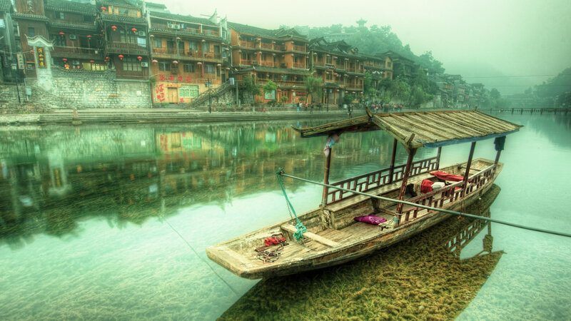 Wooden Boat on River — Green