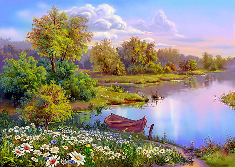 Wooden Boat on Riverbank — Blue