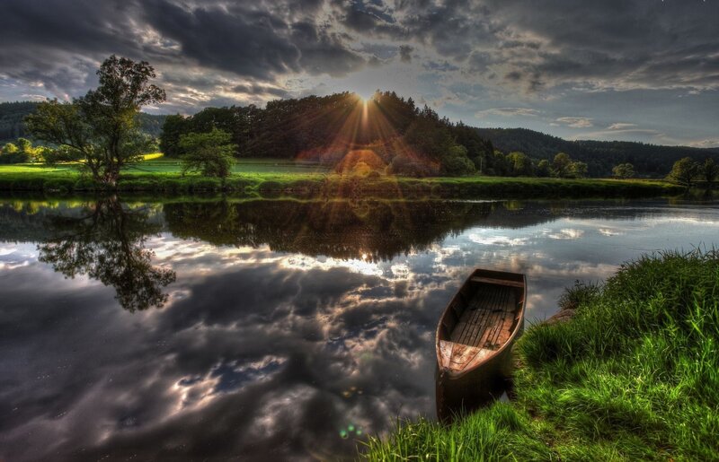 Wooden Boat on Riverbank — Green, Dramatic