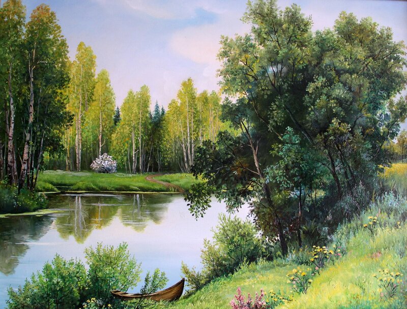 Wooden Boat on Riverbank — Green, Serene, Afternoon