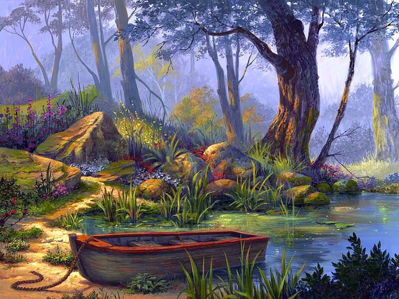 Wooden Boat on Riverbank — Green, Serene, Morning