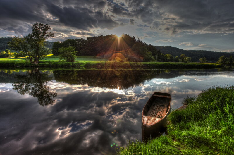 Wooden Boat on Riverbank — Green