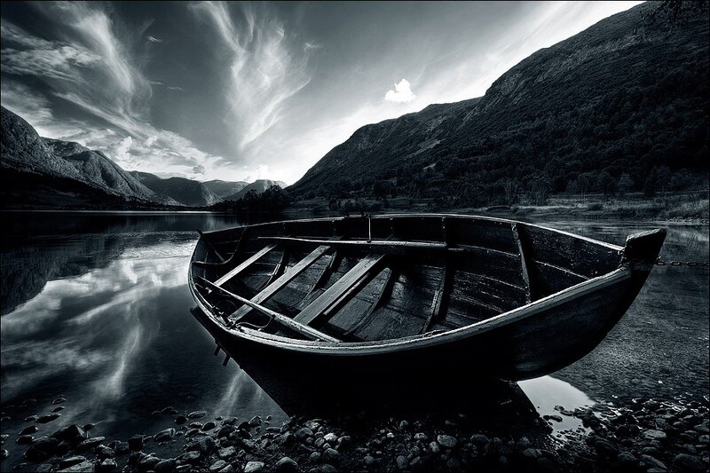 Wooden Boat on Shore — Black, Dramatic