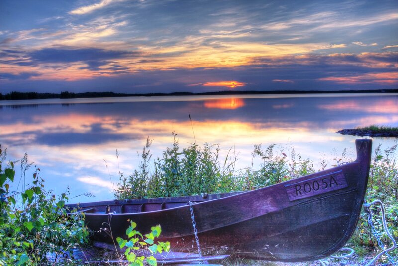 Wooden Boat on Shore — Blue, Serene, Sunset, Photograph