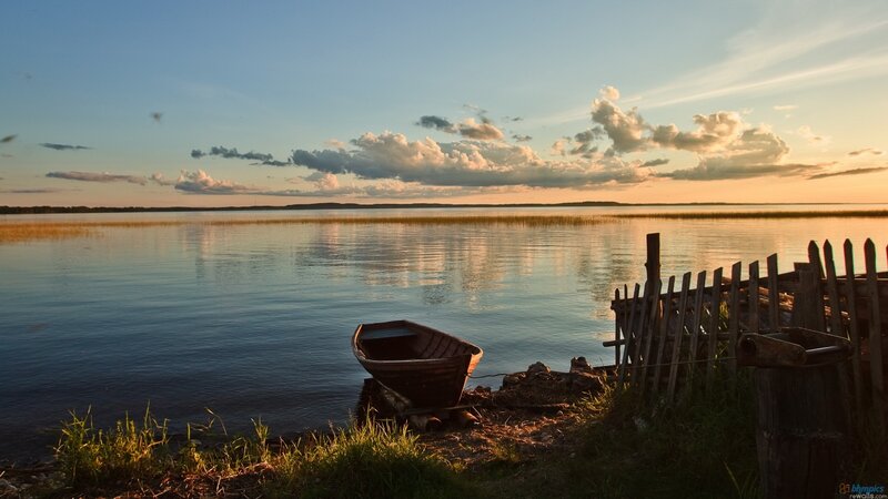 Wooden Boat on Shore — Blue, Serene, Sunset