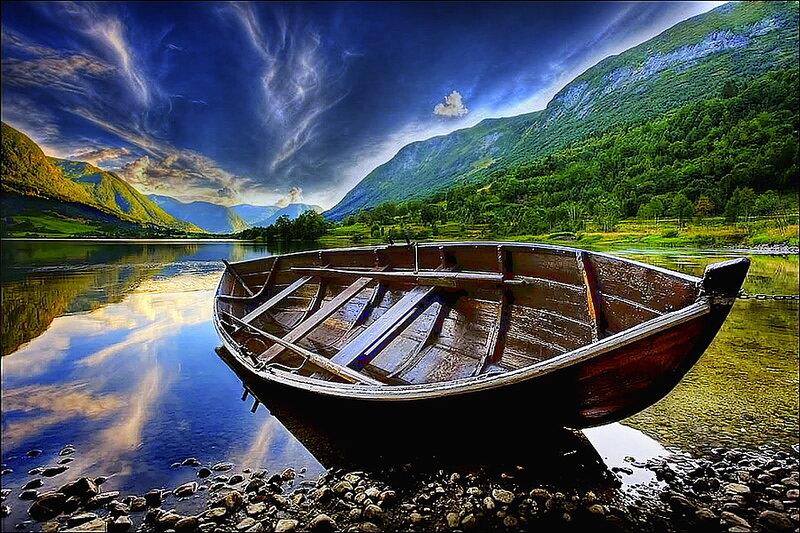 Wooden Boat on Shore — Blue
