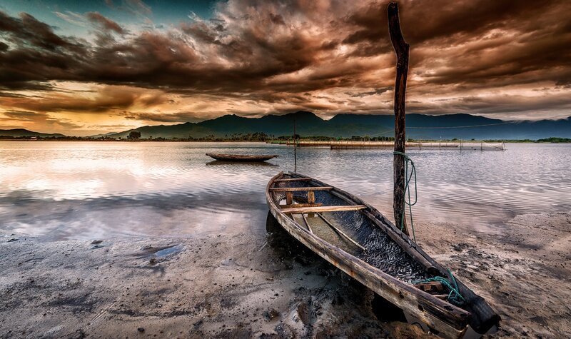 Wooden Boat on Shore — Brown, Dramatic, Sunset