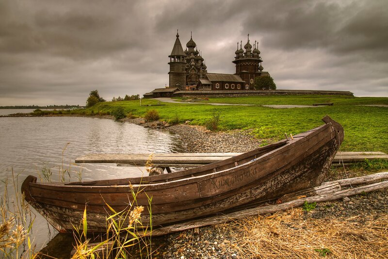 Wooden Boat on Shore — Green, Dramatic, Afternoon