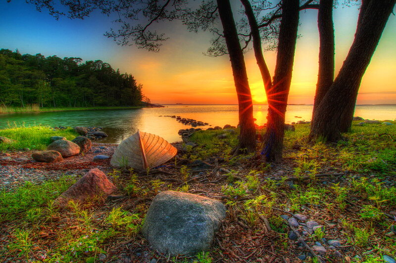 Wooden Boat on Shore — Orange, Serene