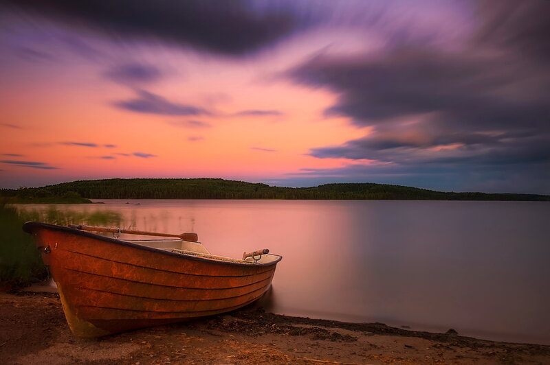 Wooden Boat on Shore — Purple