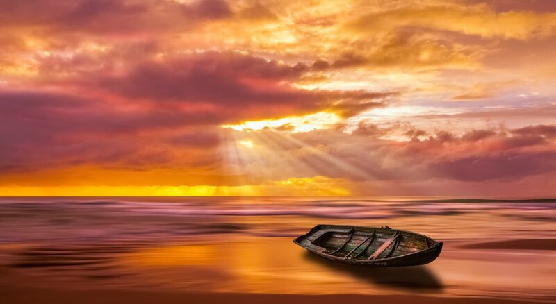 Wooden Boat on Water — Orange, Dramatic, Sunset