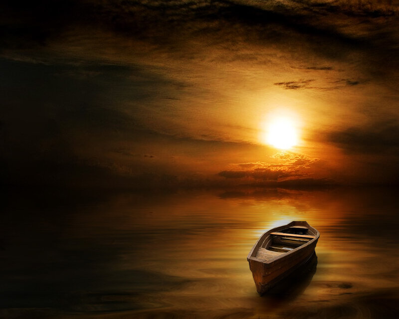 Wooden Boat on Water — Orange, Dramatic