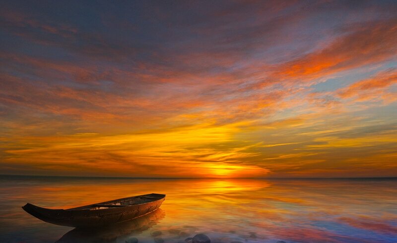Wooden Boat on Water — Orange, Serene, Sunset, Photograph