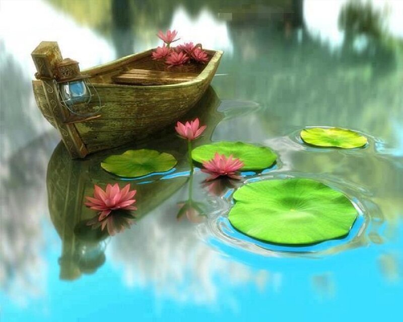 Wooden Boat with Lotus Flowers — Green, Serene