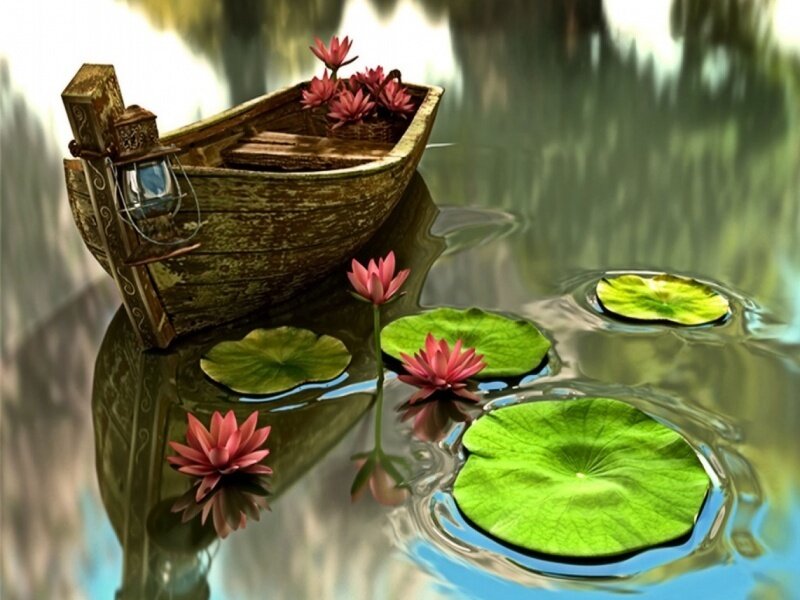 Wooden Boat with Lotus Flowers