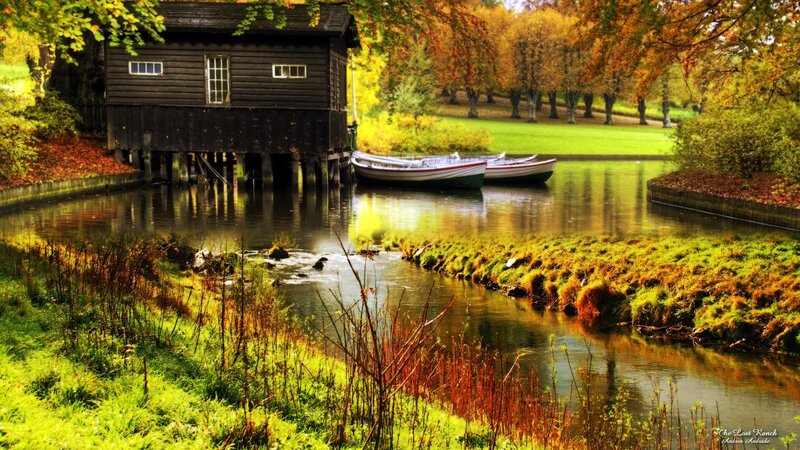 Wooden Boathouse by River — Green