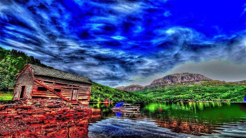 Wooden Boathouse on Lake — Blue, Dramatic