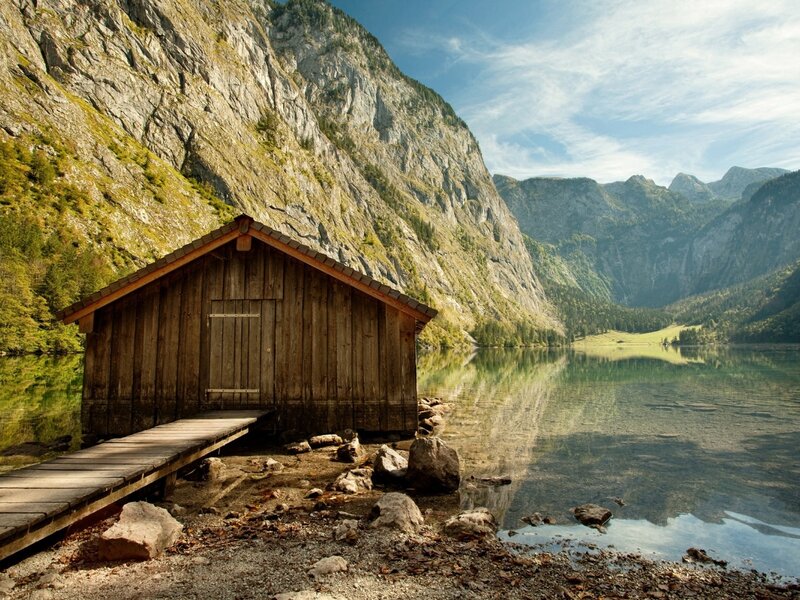 Wooden Boathouse on Lake — Brown, Serene, Afternoon