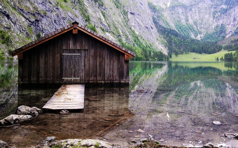 Wooden Boathouse on Lake — Brown, Serene