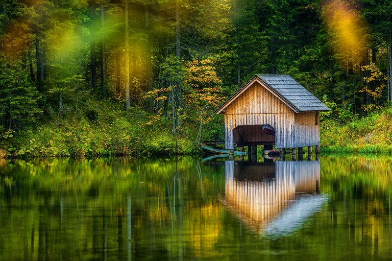 Wooden Boathouse on Lake — Green, Serene, Autumn