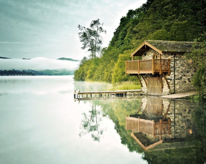 Wooden Boathouse on Lake — Green, Serene, Morning